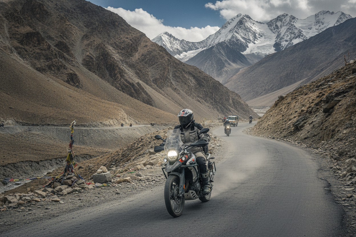 Adventure motorcycle riding on a Himalayan mountain road