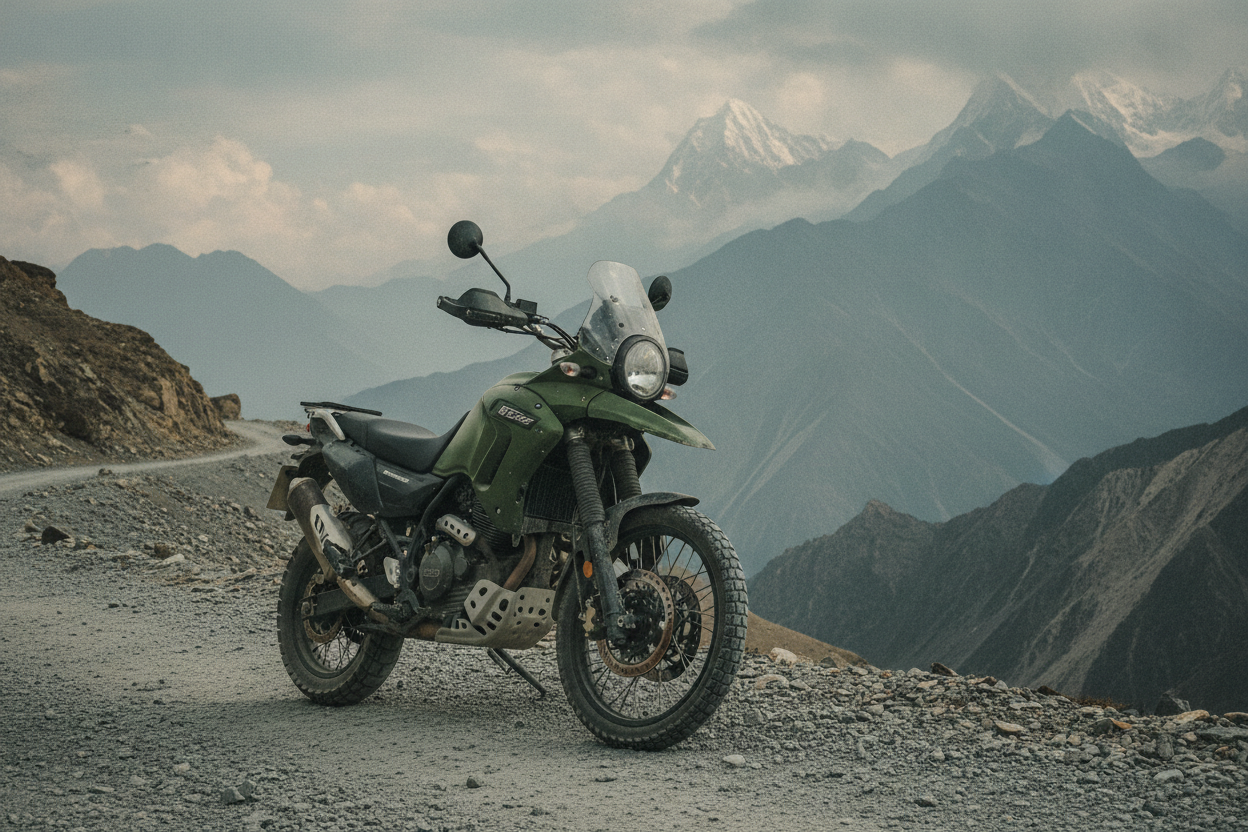 Royal Enfield Himalayan 440 style adventure motorcycle on a Himalayan gravel trail