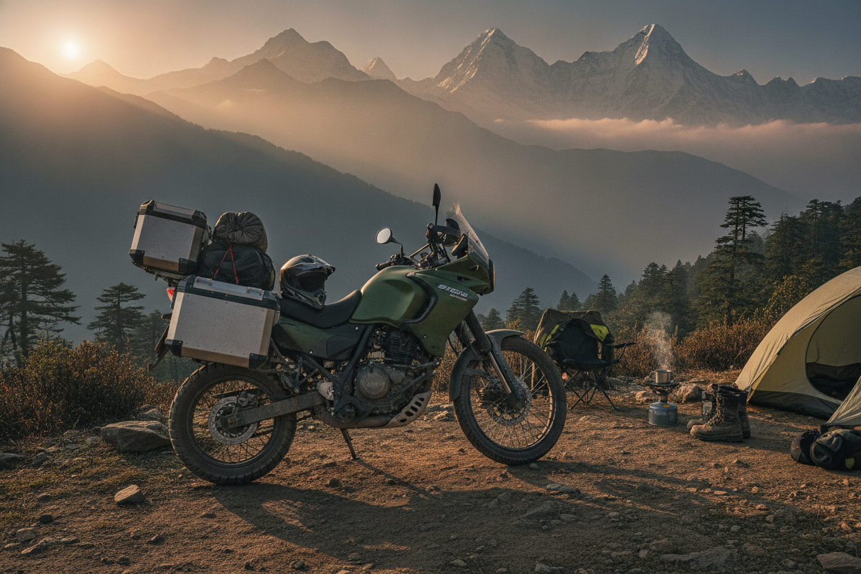 Adventure motorcycle with touring luggage beside a Himalayan campsite