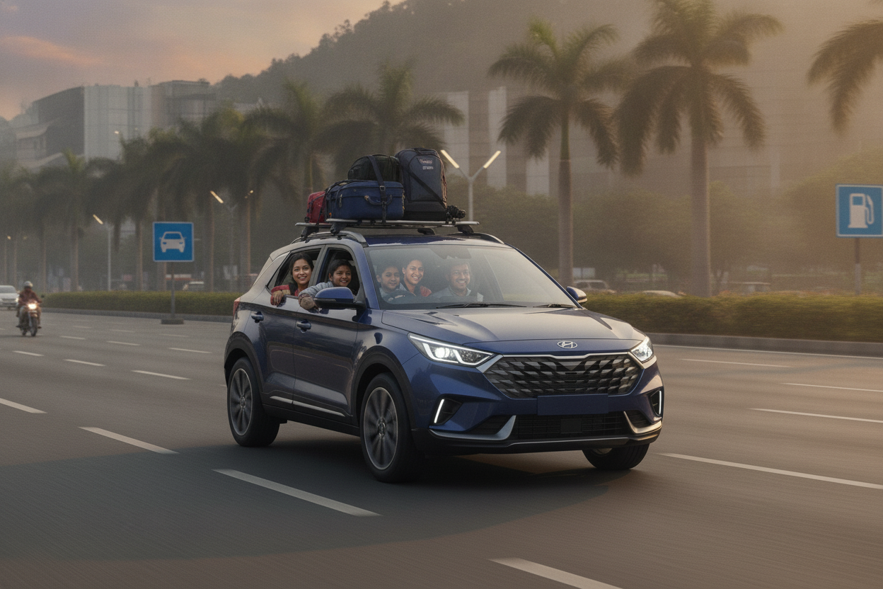 Modern compact SUV driving on an Indian highway for a family road trip