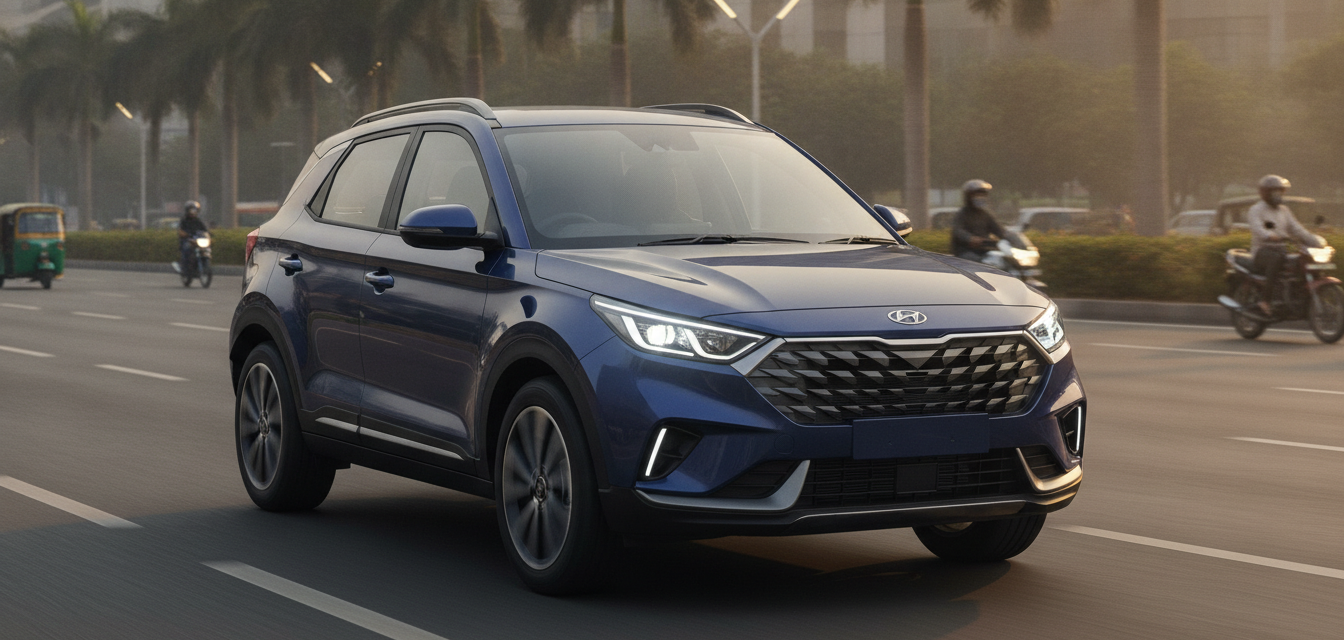 Hyundai Bayon-inspired compact SUV on an Indian city boulevard
