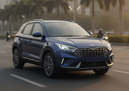 Hyundai Bayon-inspired compact SUV on an Indian city boulevard