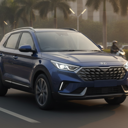 Hyundai Bayon-inspired compact SUV on an Indian city boulevard