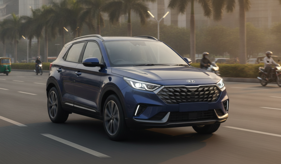 Hyundai Bayon-inspired compact SUV on an Indian city boulevard