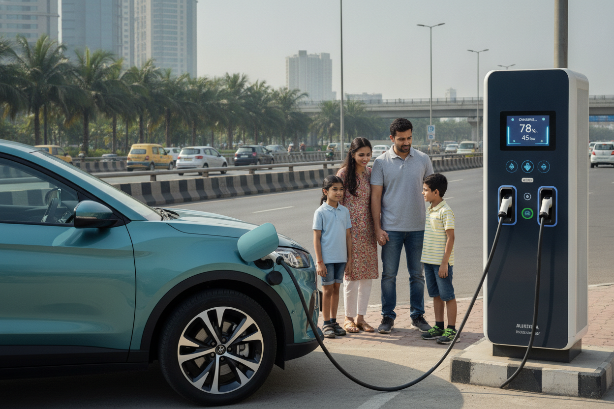 Compact electric SUV charging at an urban fast-charging station in India