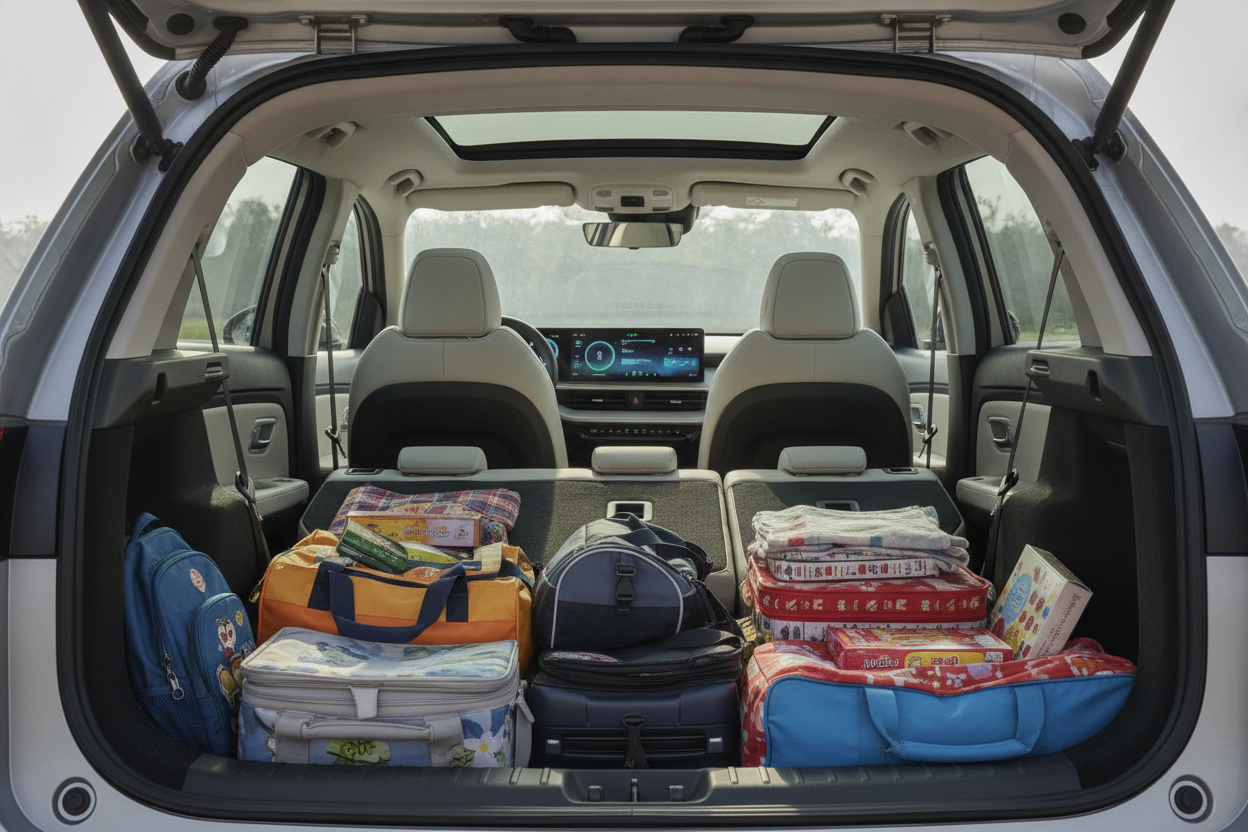 Family luggage arranged beside a compact electric SUV for a road trip
