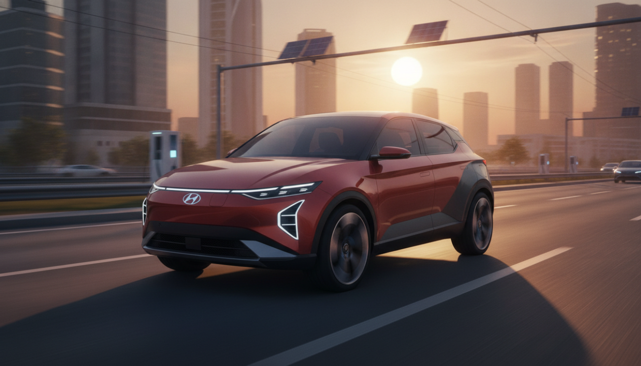 Futuristic compact electric SUV on an Indian city road at sunrise