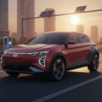 Futuristic compact electric SUV on an Indian city road at sunrise