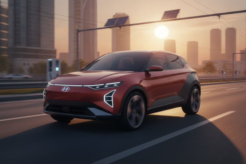 Futuristic compact electric SUV on an Indian city road at sunrise