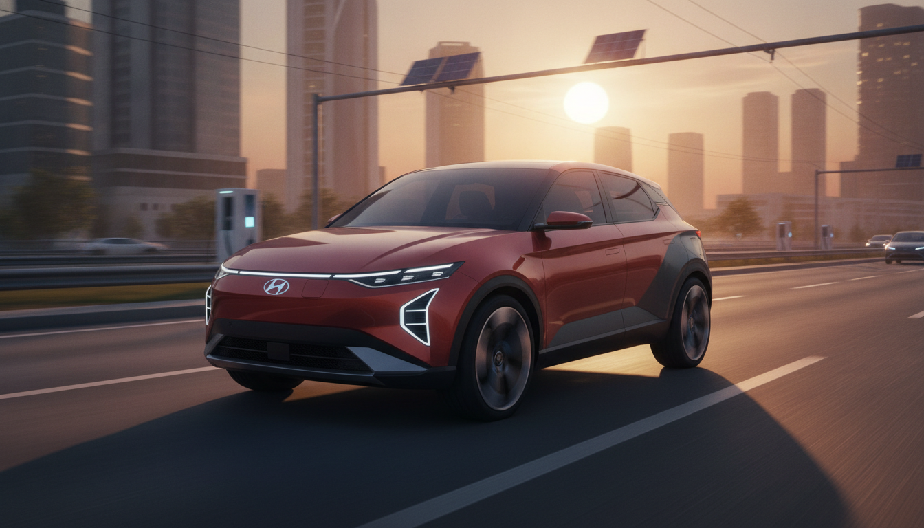 Futuristic compact electric SUV on an Indian city road at sunrise