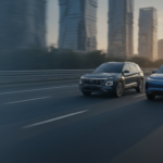 Modern SUV and electric SUV on an Indian expressway at dawn