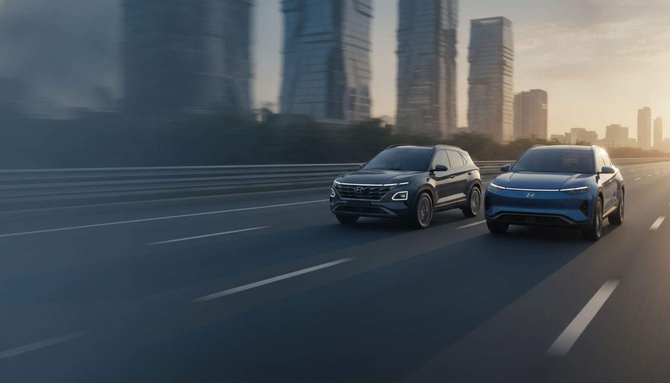 Modern SUV and electric SUV on an Indian expressway at dawn