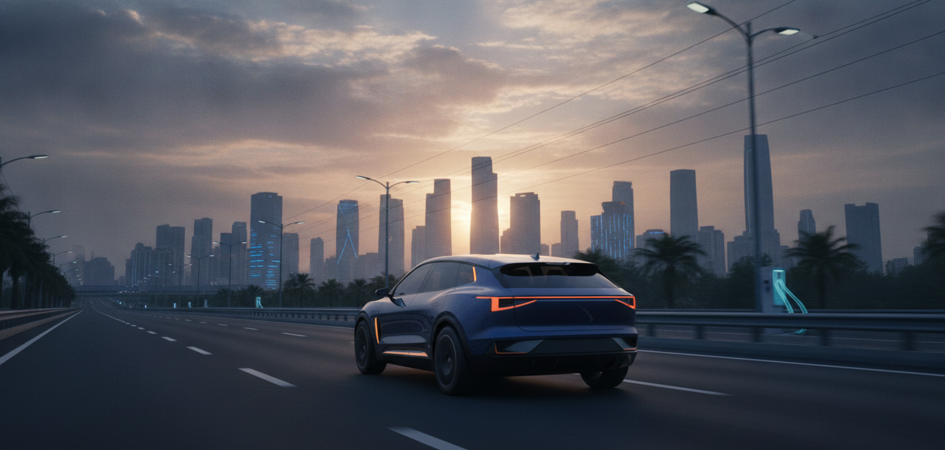Electric SUV on an Indian expressway at sunrise