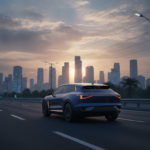 Electric SUV on an Indian expressway at sunrise
