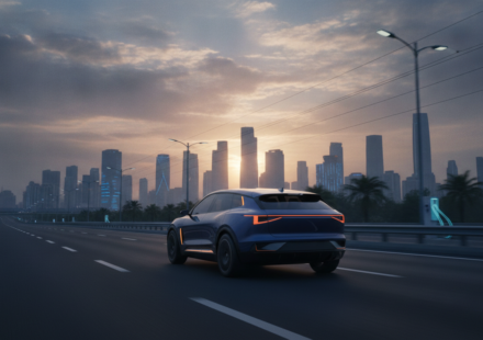 Electric SUV on an Indian expressway at sunrise