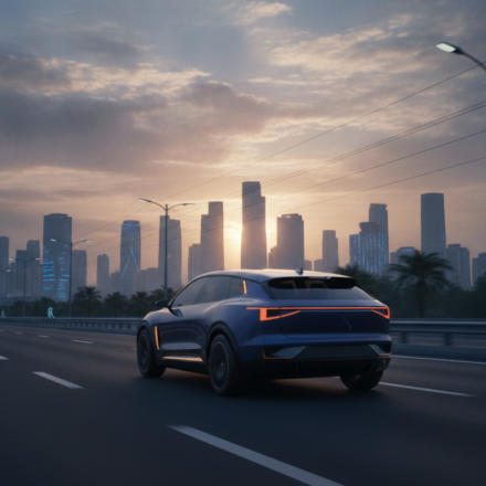 Electric SUV on an Indian expressway at sunrise