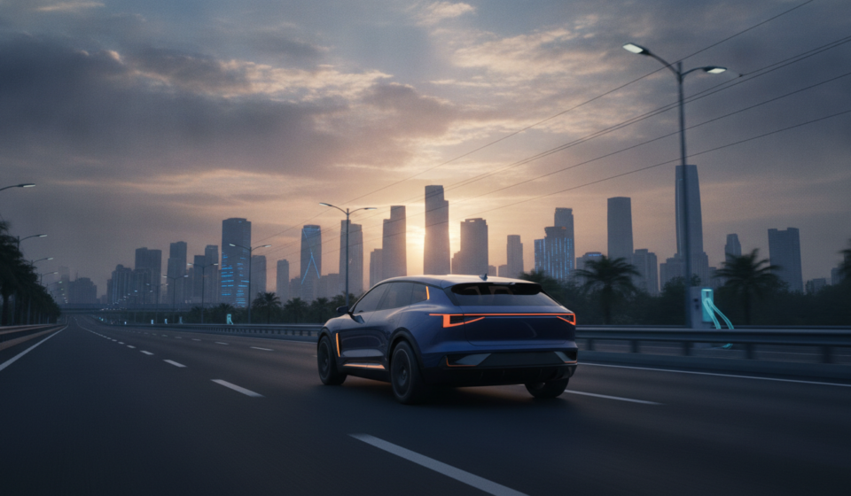 Electric SUV on an Indian expressway at sunrise