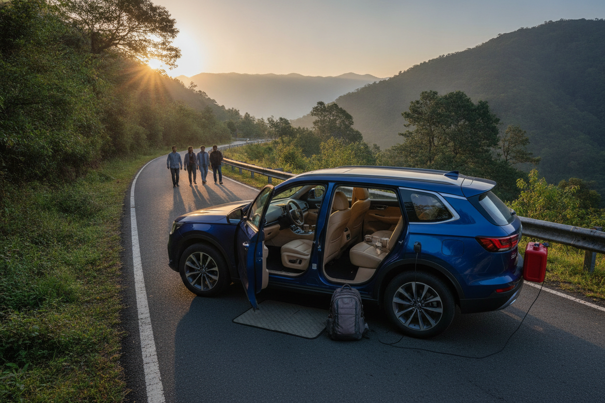 Premium three-row SUV parked beside an Indian hill road for a Kia Sorento buyer guide