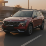 Premium three-row SUV resembling the Kia Sorento driving on an Indian expressway at golden hour
