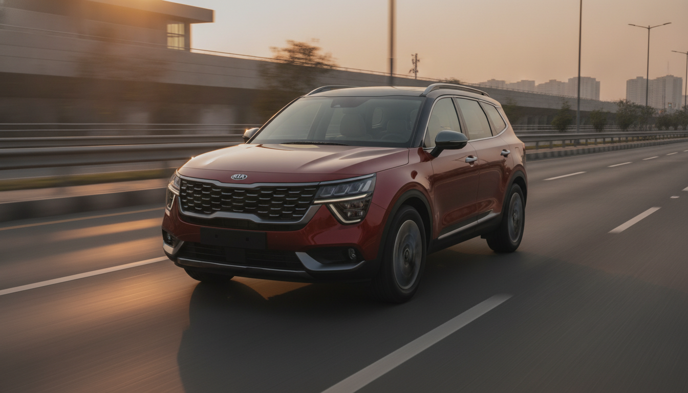 Premium three-row SUV resembling the Kia Sorento driving on an Indian expressway at golden hour