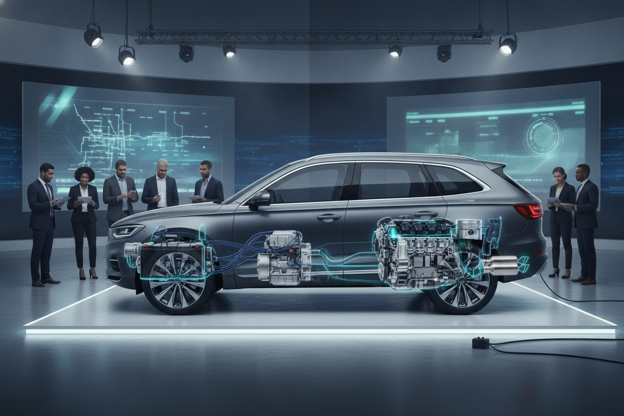 Illustration of hybrid battery and diesel engine technology in a premium Kia Sorento-style SUV