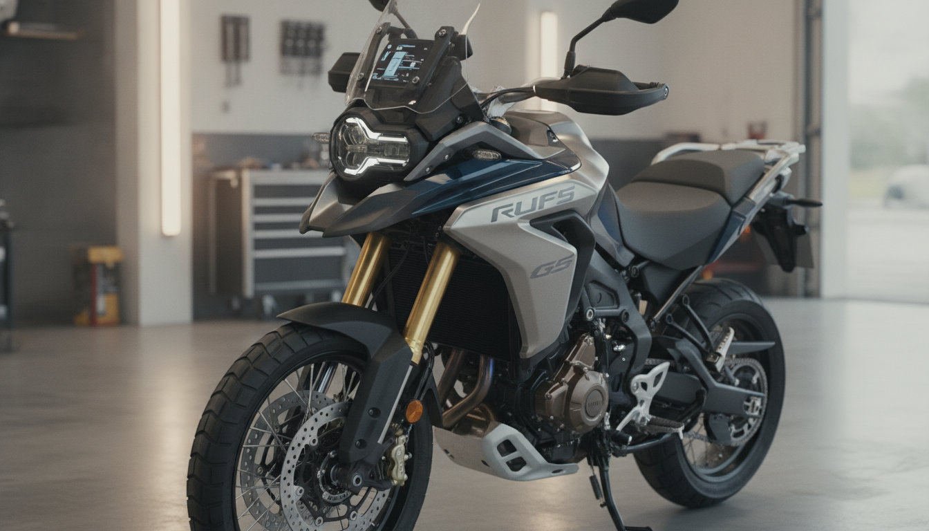 Premium adventure motorcycle front suspension brakes and touring equipment in a service bay