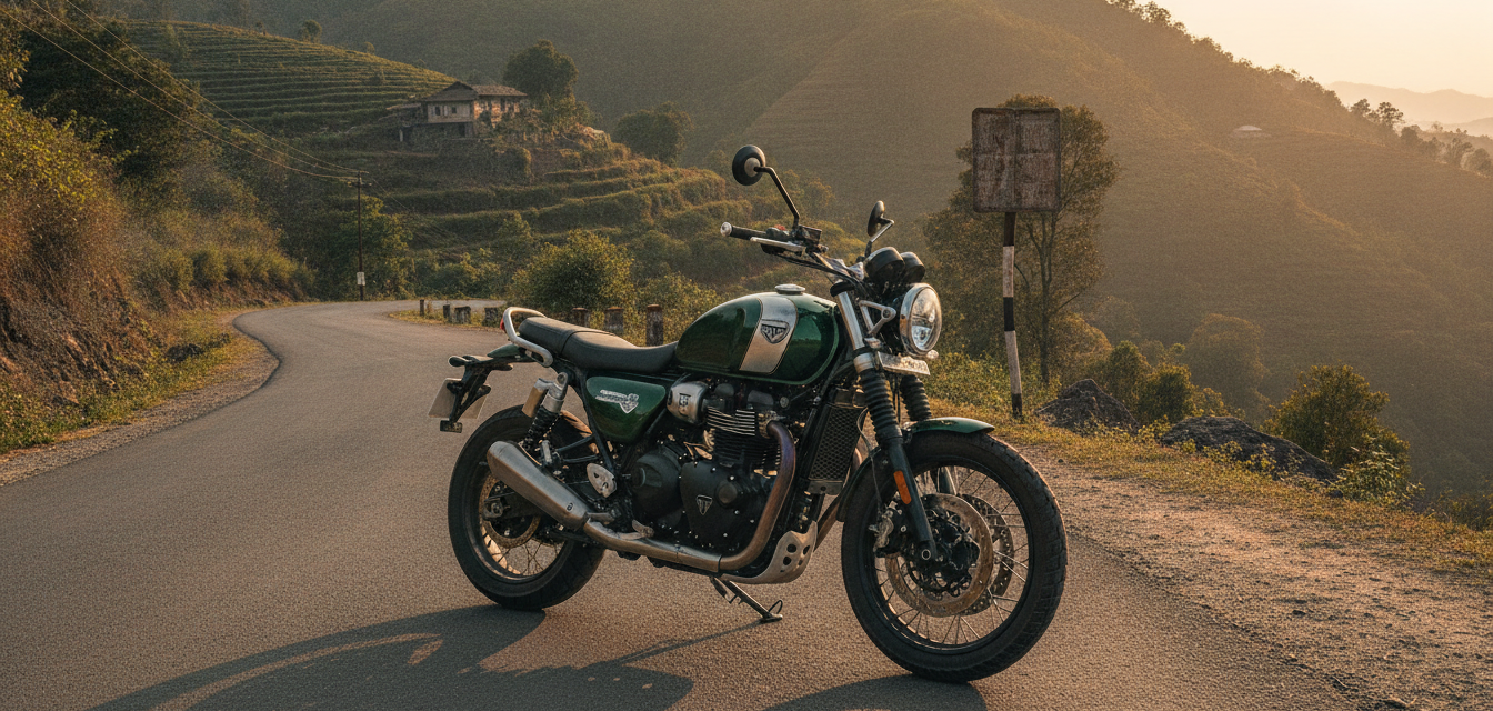 Norton Atlas style adventure motorcycle on an Indian hill road