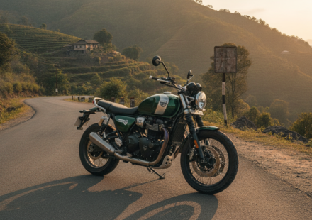 Norton Atlas style adventure motorcycle on an Indian hill road