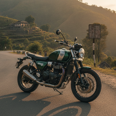 Norton Atlas style adventure motorcycle on an Indian hill road