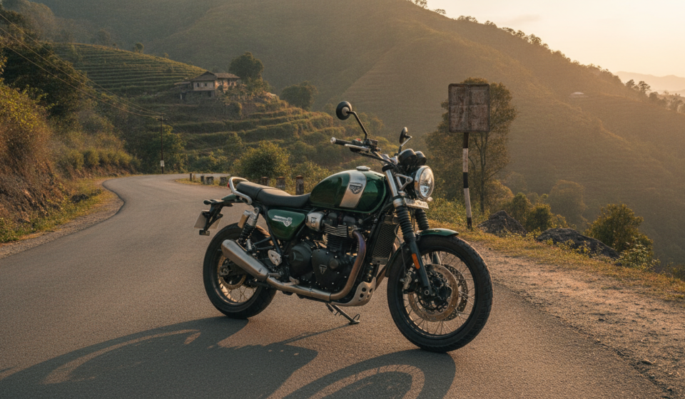 Norton Atlas style adventure motorcycle on an Indian hill road