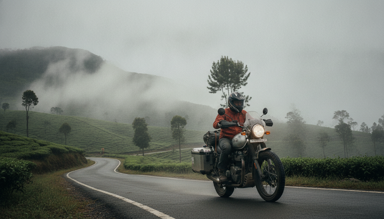 Norton Atlas style adventure motorcycle touring on an Indian hill road