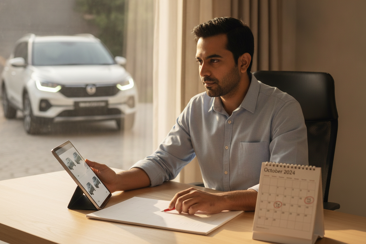 Indian car buyer comparing upcoming October 2026 car launches on a calendar and tablet