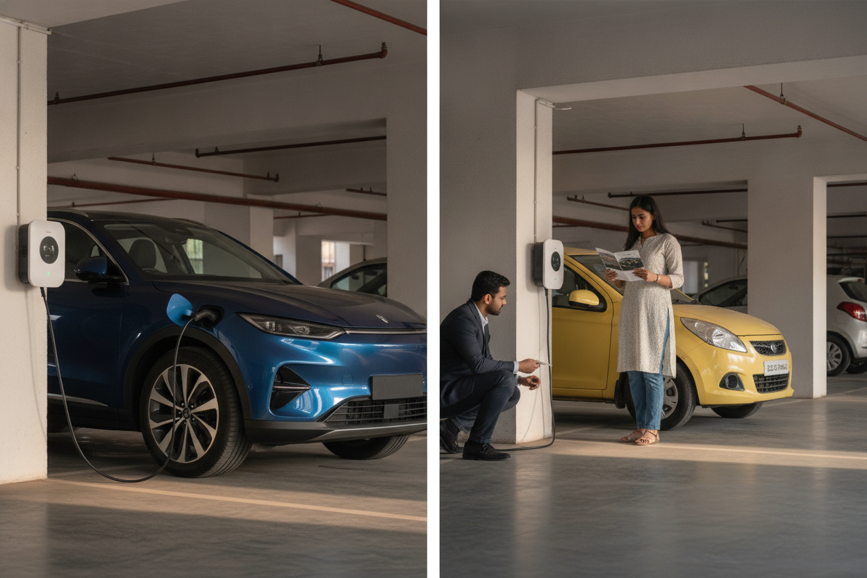 Electric SUV at a home charger beside a compact petrol car in an Indian apartment parking area