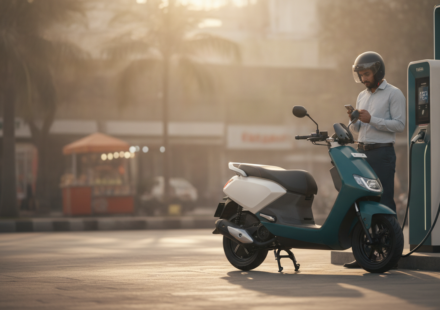 Unbranded electric scooter at an urban charging point with a commuter