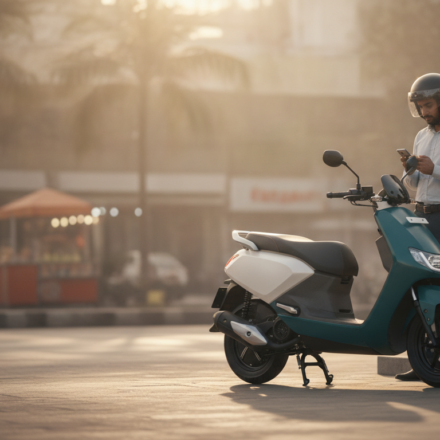 Unbranded electric scooter at an urban charging point with a commuter