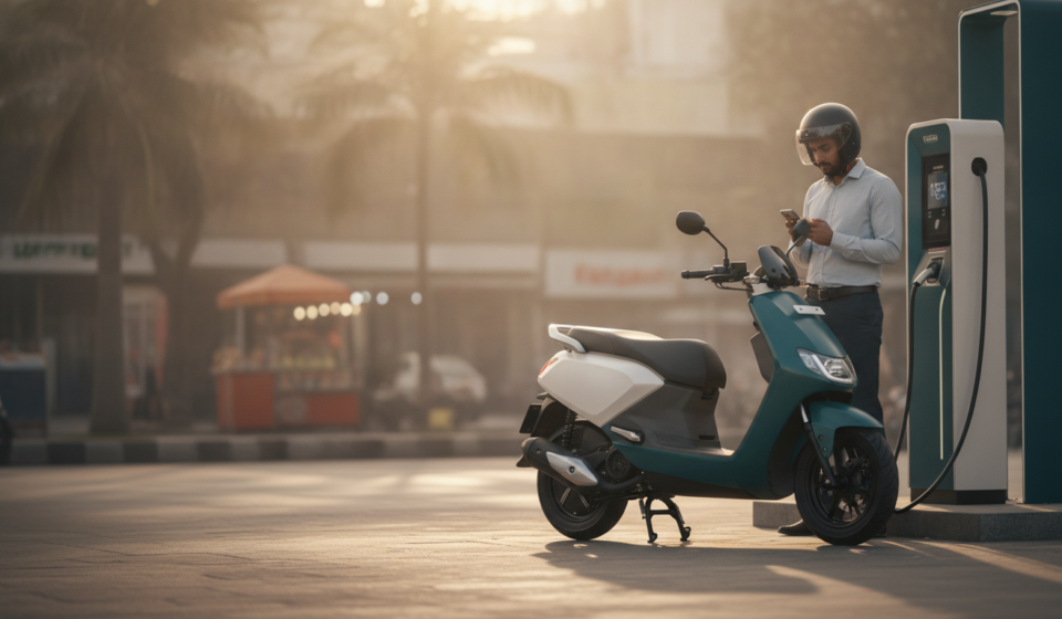 Unbranded electric scooter at an urban charging point with a commuter