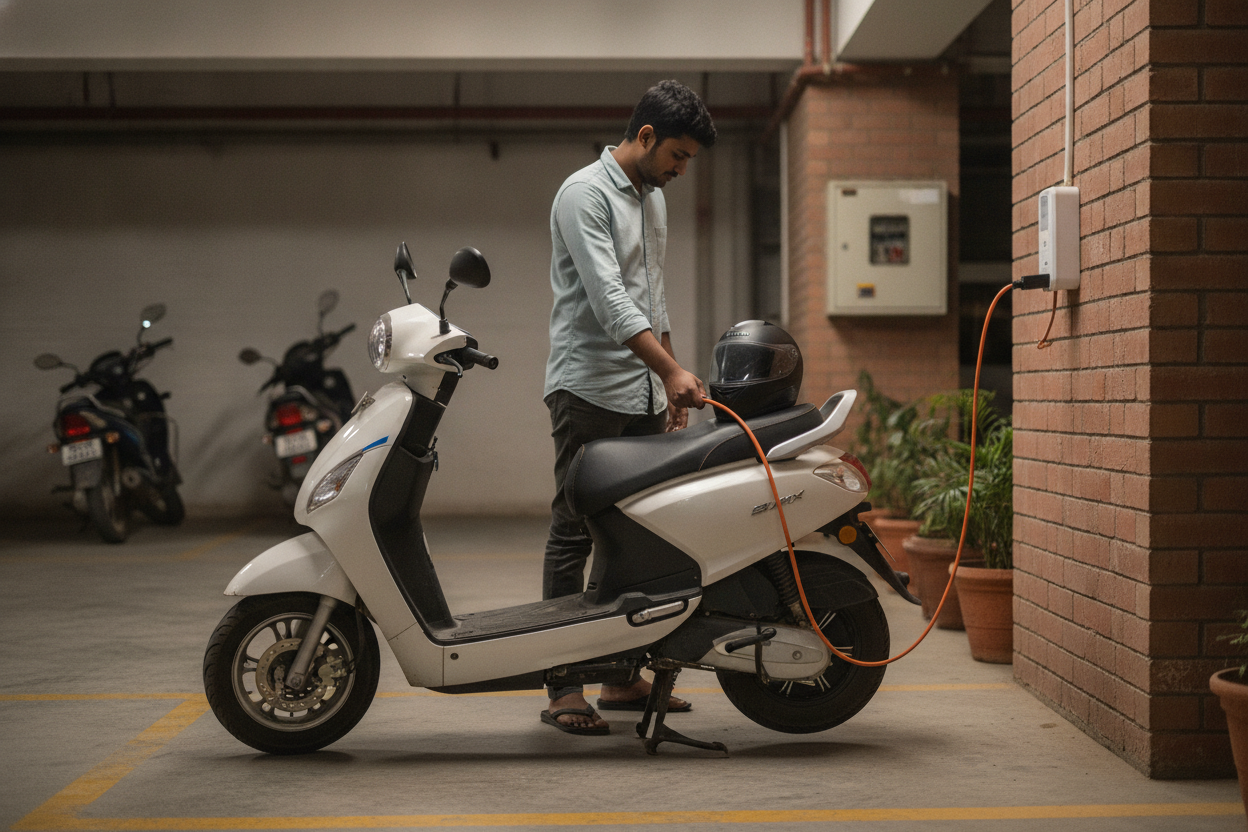 Indian commuter charging an electric scooter in an apartment parking area