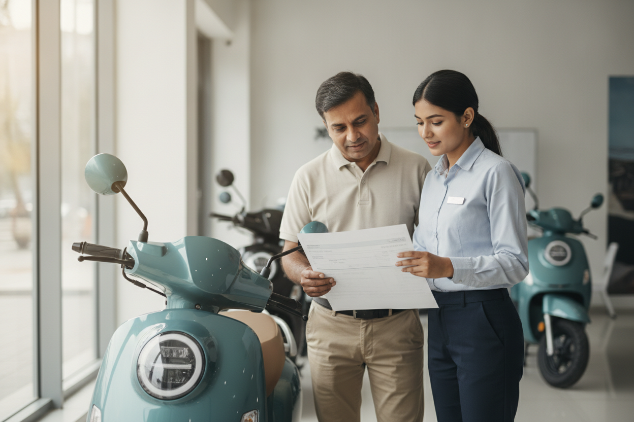 Electric scooter buyer checking the purchase invoice with a dealership advisor
