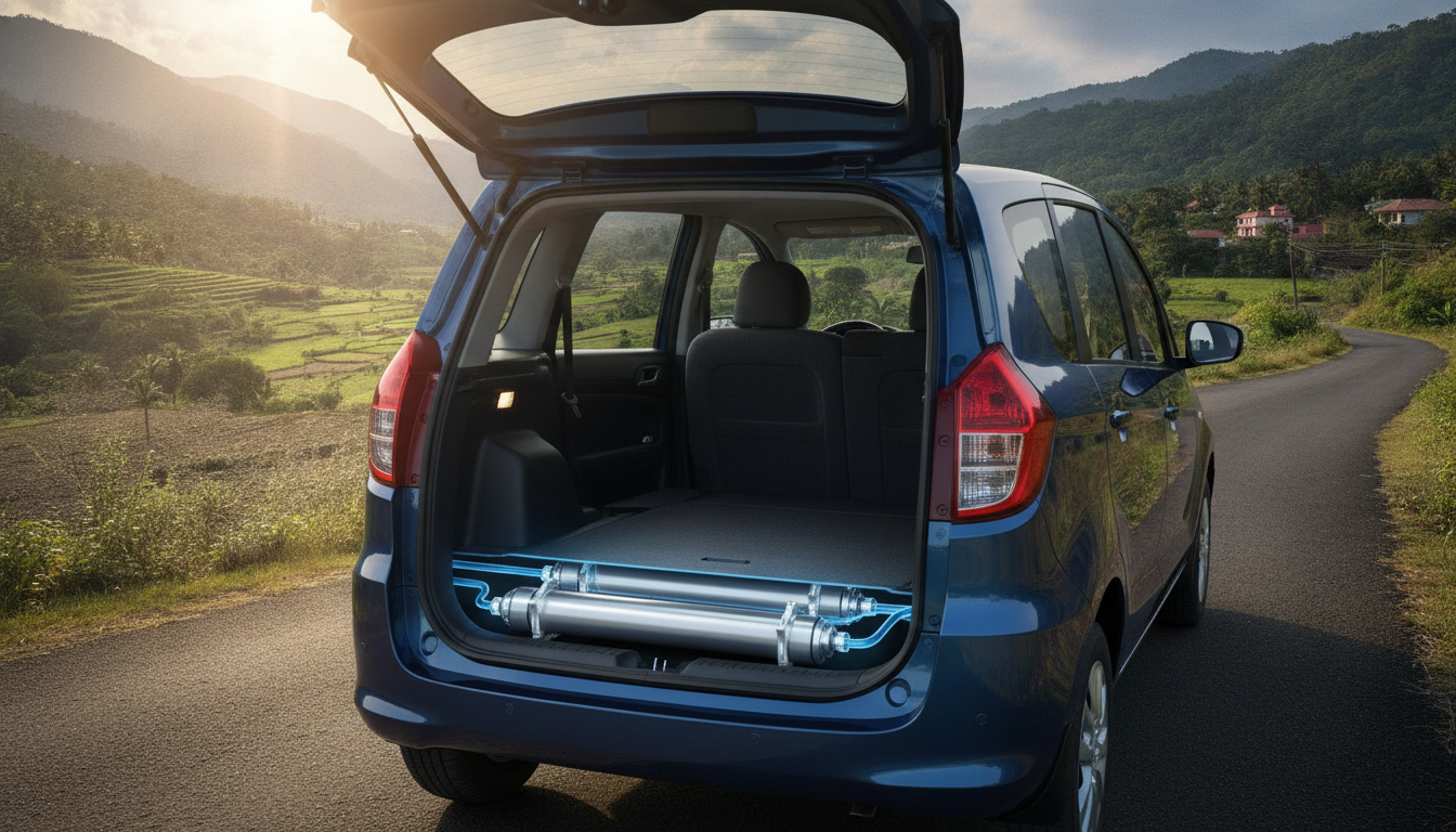 Compact family MPV luggage area illustrating underfloor dual-cylinder CNG packaging