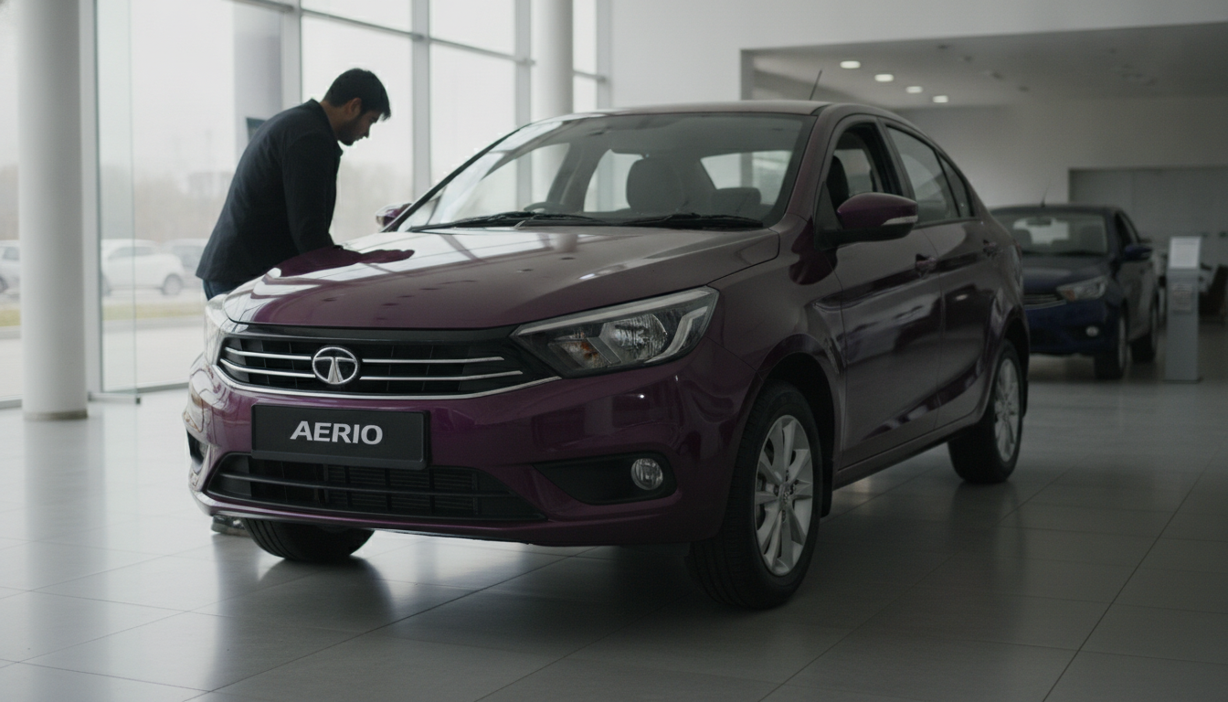 Buyer inspecting the front design of a violet compact sedan in a showroom