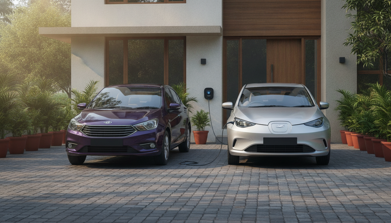 Violet petrol-style sedan and silver electric car at a modern Indian home
