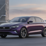 Editorial illustration of a deep-violet compact sedan ahead of its India launch