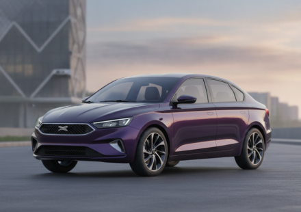 Editorial illustration of a deep-violet compact sedan ahead of its India launch