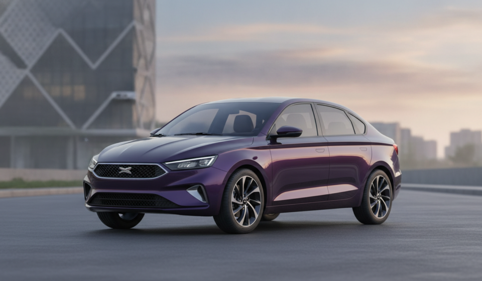 Editorial illustration of a deep-violet compact sedan ahead of its India launch