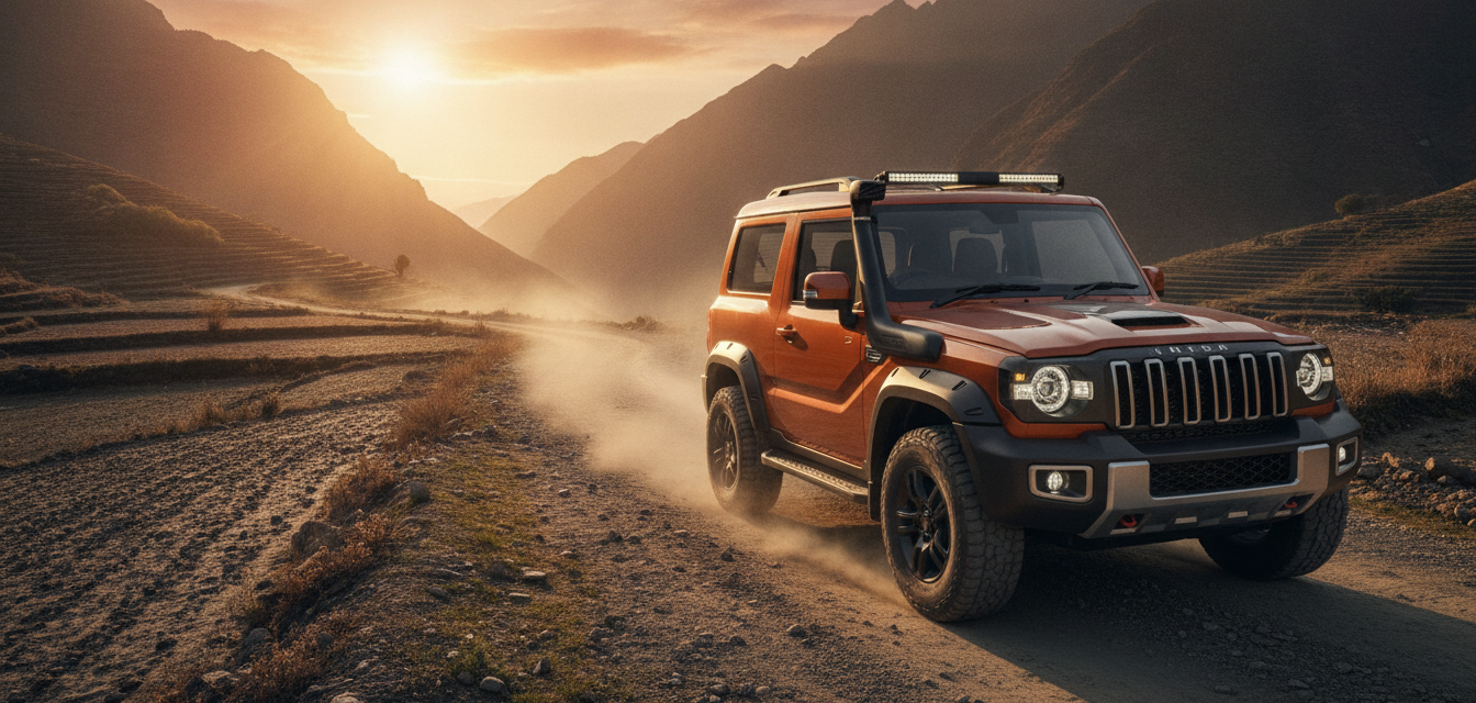 Mahindra Thar facelift 2026 three-door SUV on an Indian mountain road