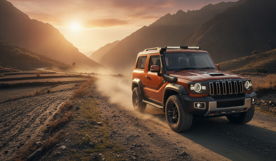 Mahindra Thar facelift 2026 three-door SUV on an Indian mountain road