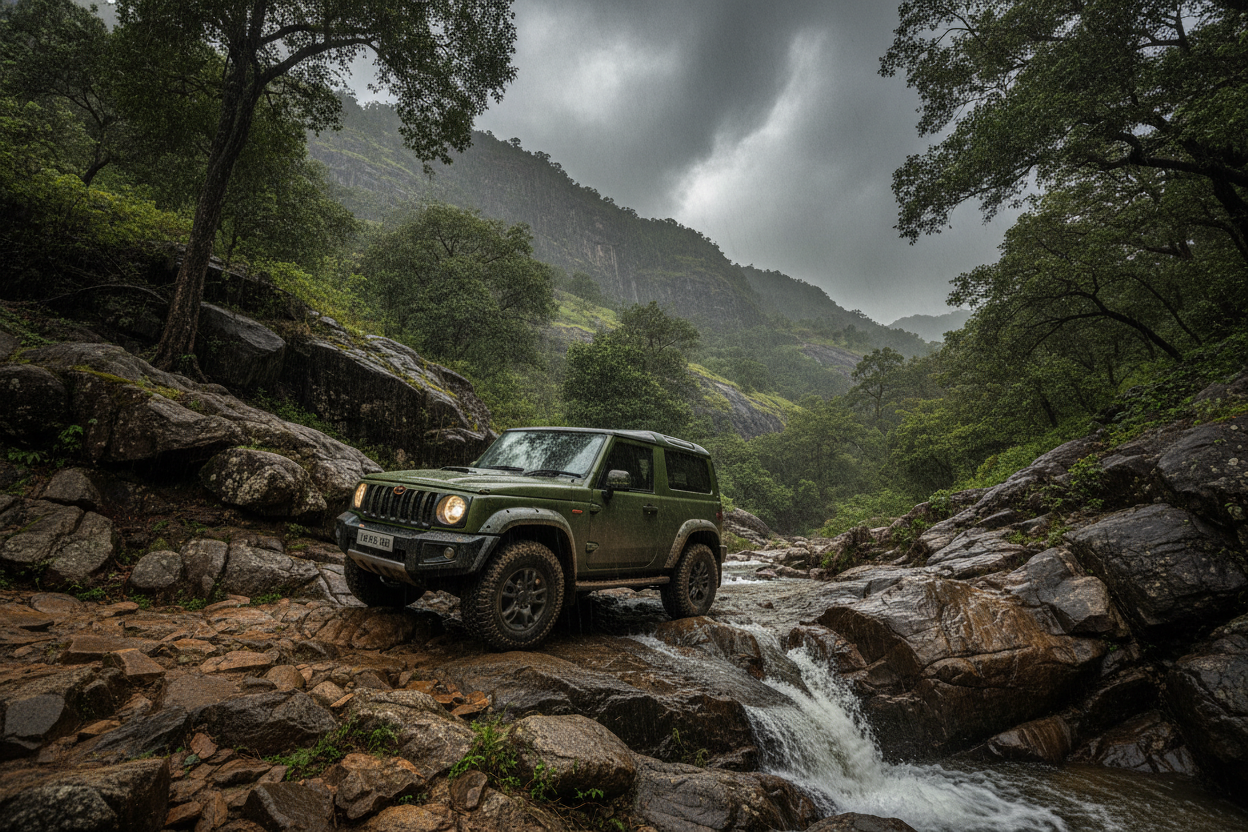 Mahindra Thar facelift 2026 SUV on an off-road trail
