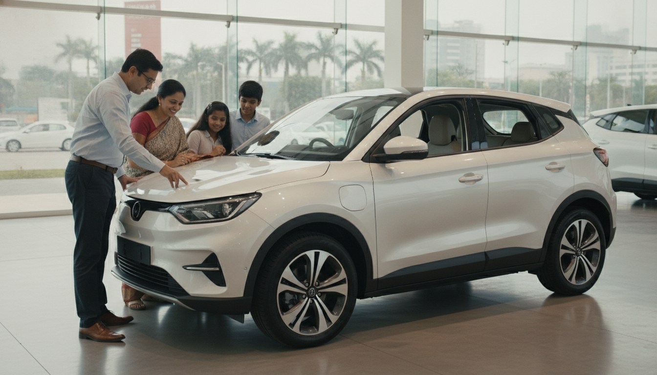 Indian family examining the Toyota Urban Cruiser Ebella electric SUV at a dealership
