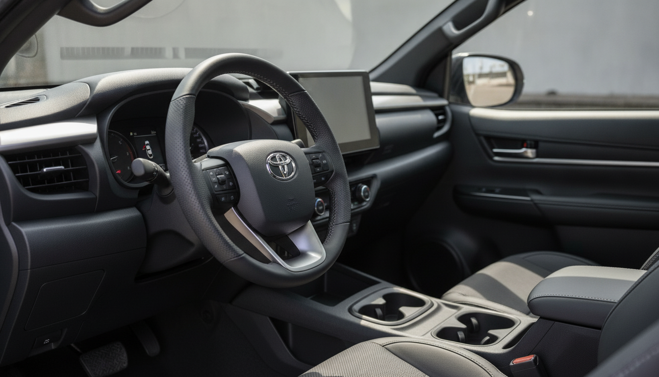 Modern right-hand-drive Toyota Hilux style pickup cabin and dashboard