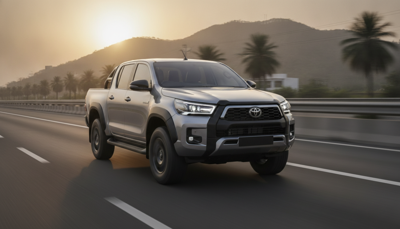 2026 Toyota Hilux style pickup driving on an Indian highway